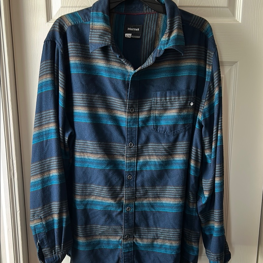 Marmot Men's Navy and Teal Striped Shirt Jacket